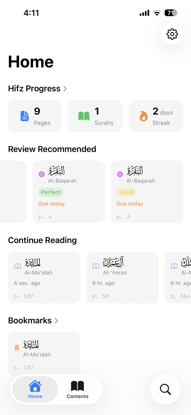 Home screen with hifz progress