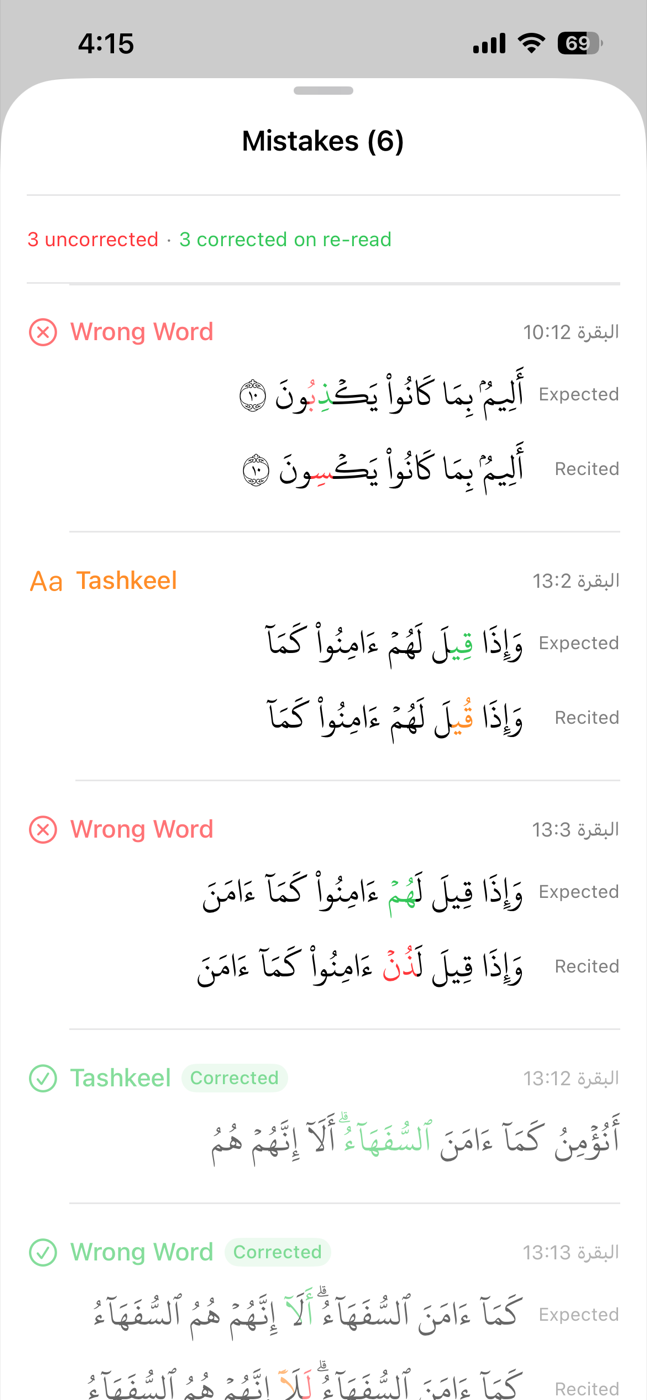 Detailed mistakes view showing wrong words and tashkeel errors